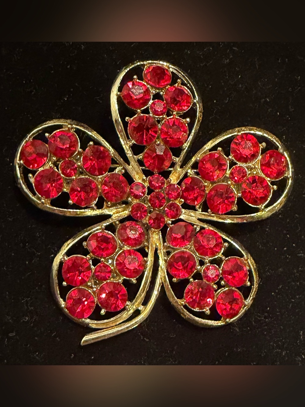 Vintage Mid Century Siam Red Rhinestone Five Petal Flower Brooch Pin 2.25”